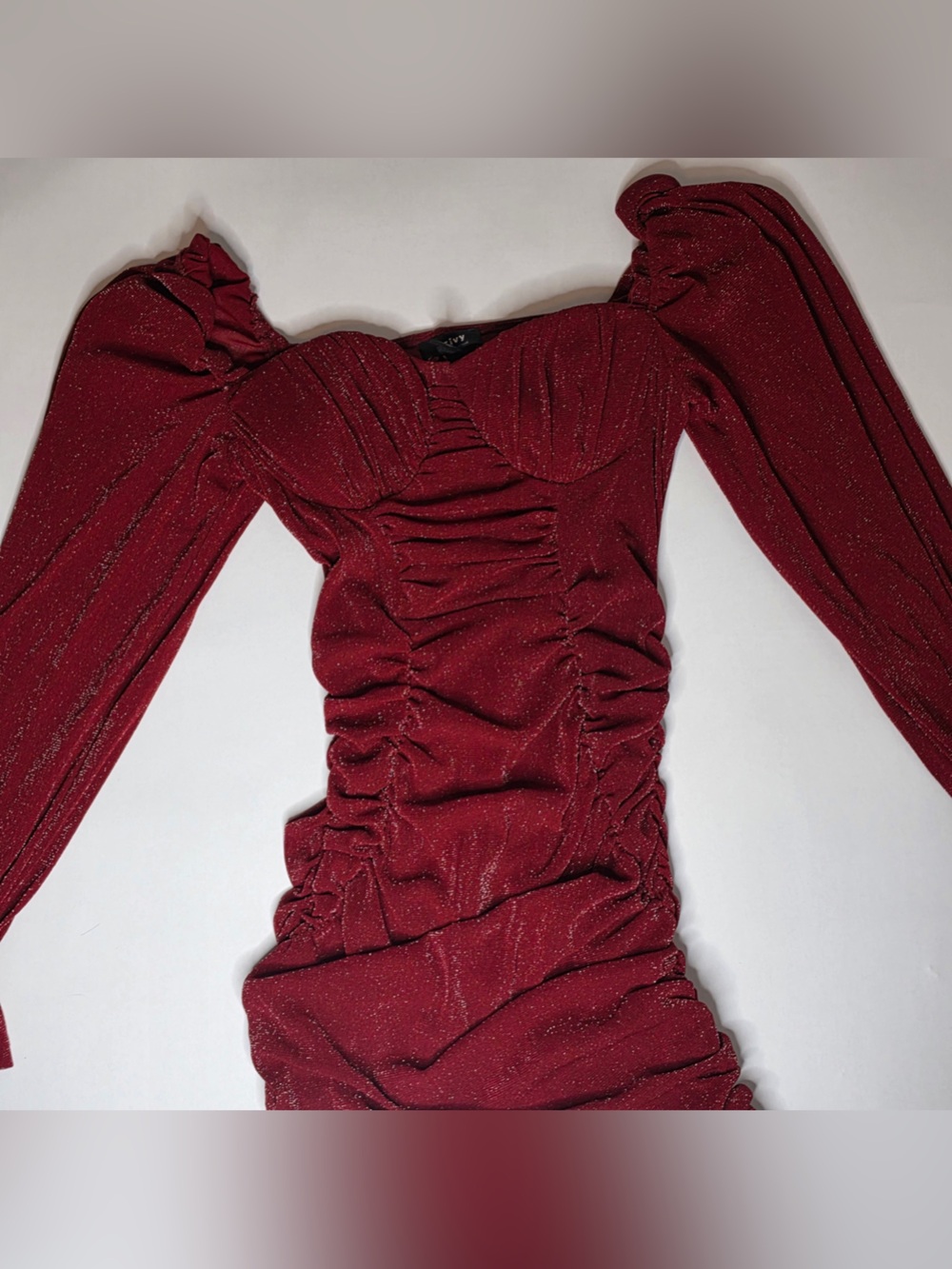 privy Red Glitter Ruched Long-Sleeve Bodycon Dress